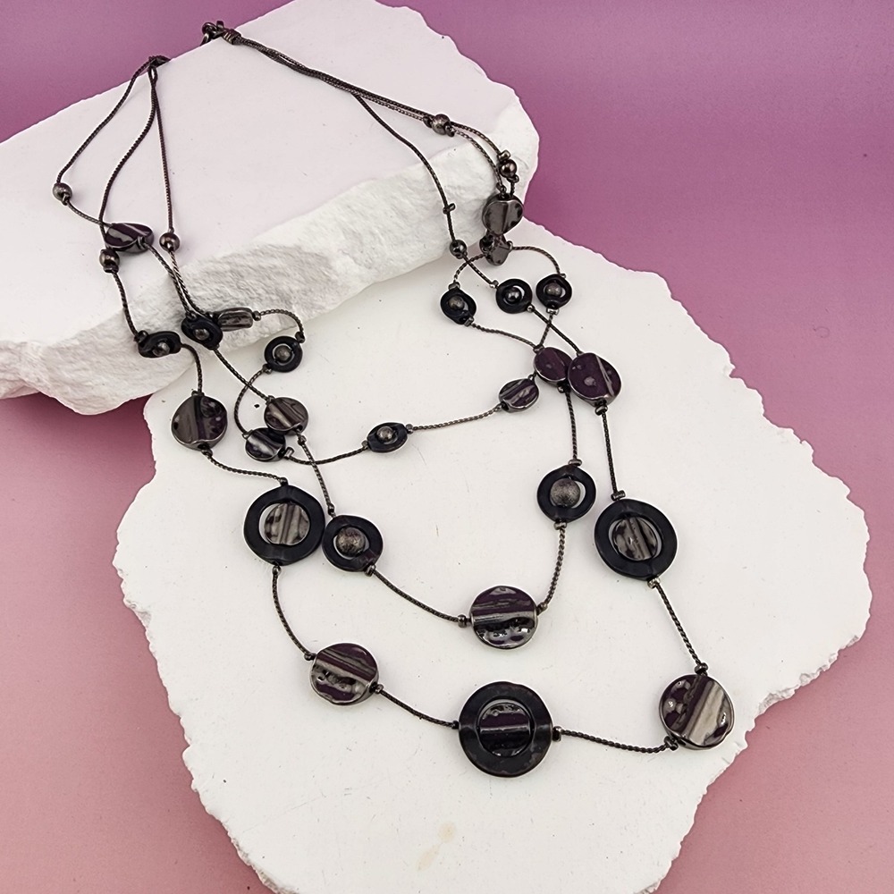 Charming Charlie Purple Gray Layered Beaded Necklace Black Resin Multi Strand